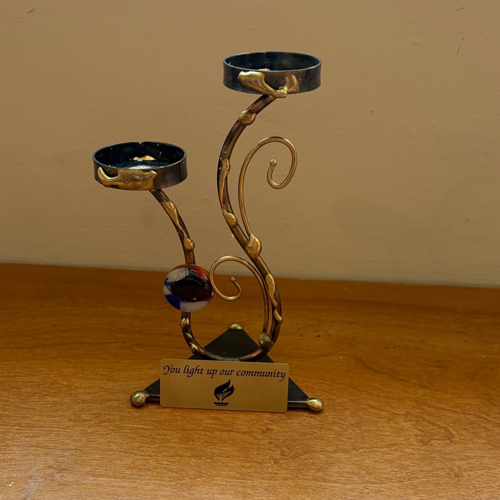 Gold and Black Two-Arm Metal Candle Holder with Blue-Red Accent